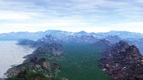 View of ocean, low  coastal mountains,  valley, high inland mountains