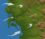View of San Diego County Region from  above with air current arrows