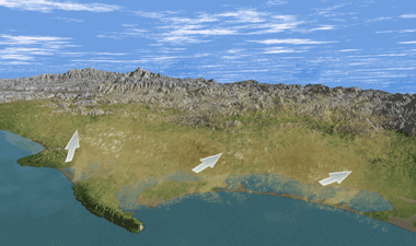 View of San Diego coastal area with air flow arrows pointing to  mountains